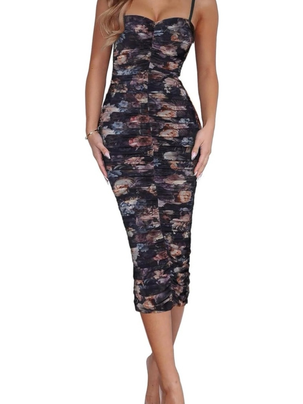 Leyrason Floral Ruched Bodycon Dress - Black Multi